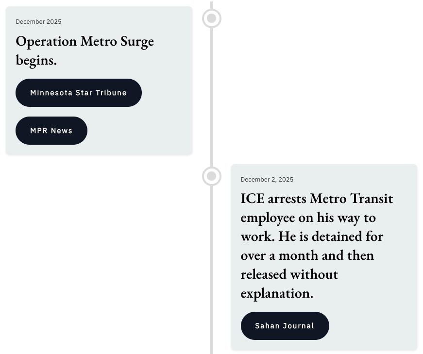 Sample screenshot of the events timeline on iceagainstamericans.com